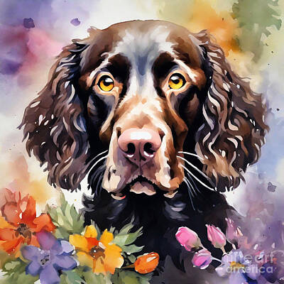 Landmarks Drawings - American Water Spaniel Dog in Watercolor with Petal Prettiness by Adrien Efren