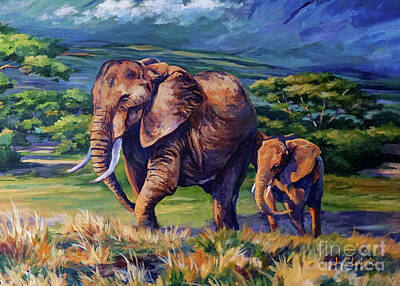 Animals Paintings - An Elephant with her Calf by John Clark
