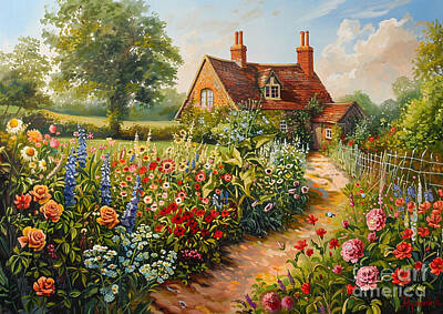 Food And Beverage Paintings - An English country garden with a mix of flowers and vegetables by Donato Williamson
