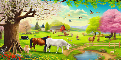 Royalty-Free and Rights-Managed Images - An  idyllic  spring  landscape  with  farm  animals  a  dd  d  bb  bba  ccc by Asar Studios by Celestial Images