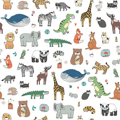 Animals Drawings - Animals with medical mask medical virus hand drawn seamless pattern by Julien