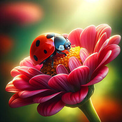 Digital Art Rights Managed Images - Another Ladybug on a Gerbera Daisy  Royalty-Free Image by Holly Picano