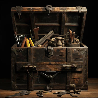 Say What - Antique Carpenters Wood Chest with Tools 32 by Yo Pedro