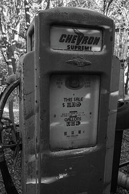 Zen Rocks - Antique Chevron gas pump in New Mexico in black and white by Eldon McGraw