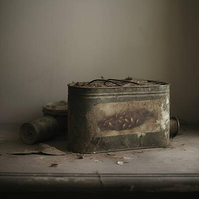 Waterfalls Royalty Free Images - Antique Fruit Tin on a Dusty Table Royalty-Free Image by Yo Pedro