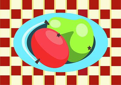 Beach Days - Apple and pear on checkered tablecloth by Lenka Rottova