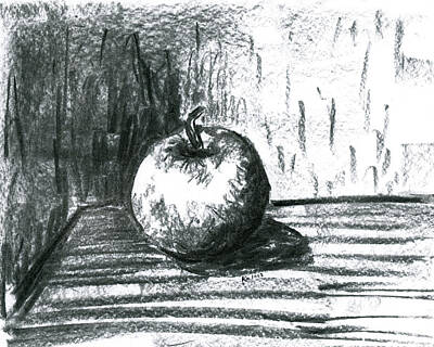Still Life Drawings - Apple on a table by Karen Kaspar