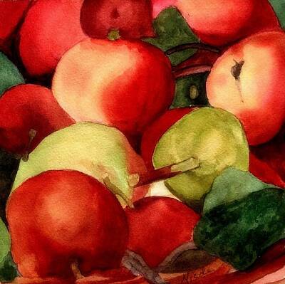 Food And Beverage Paintings - Apples and a Pear by Nicole Curreri
