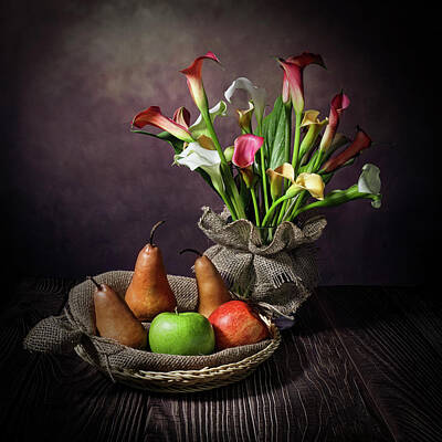 Lilies Royalty-Free and Rights-Managed Images - Apples Pears and Colorful Calla Lilies by Lily Malor