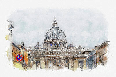 Comics Mixed Media - Aquarelle sketch art. Basilica di San Pietro, Vatican, Rome, Italy by Beautiful Things