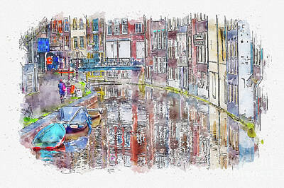 City Scenes Mixed Media - Aquarelle sketch art. Houses in Amsterdam with reflections on the water, Netherlands by Beautiful Things