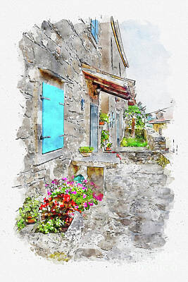 Amy Weiss - Aquarelle sketch art. Town cobbled street view, region of Istria, Croatia by Beautiful Things