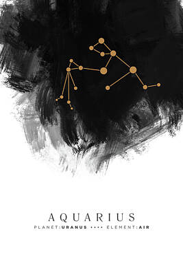 Mixed Media Rights Managed Images - Aquarius Zodiac Sign - Minimal Print - Zodiac, Constellation, Astrology, Good Luck, Sky - Black Royalty-Free Image by Studio Grafiikka