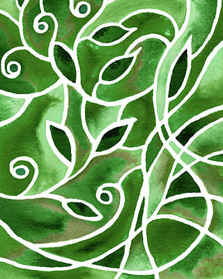 Glass Of Water Rights Managed Images - Art Nouveau Batik Style Leaves And Lines Green Pattern Watercolor Royalty-Free Image by Irina Sztukowski