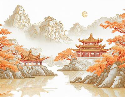 Mountain Digital Art - Asian Pagoda by Fabrizius Trojan