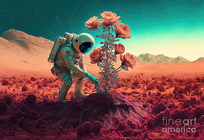 Science Fiction Photos - Astronaut discovers and research big flower or plant on alien planet. Generative AI by Michal Bednarek