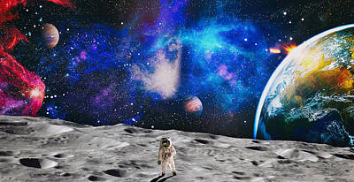 Fantasy Drawings Rights Managed Images - Astronaut looks up at an alien sun that illuminates the barren world he stands on.  Elements of this image furnished by NASA Royalty-Free Image by Julien