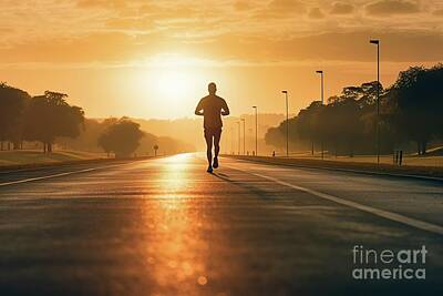 Abstract Dining Rights Managed Images - Athlete running in the summer heat, down a road, silhouetted against the sun and asphalt. Royalty-Free Image by Joaquin Corbalan