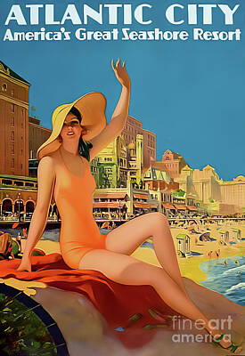 City Scenes Drawings - Atlantic City Retro Vintage Travel Poster by M G Whittingham
