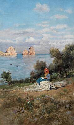 Mother And Child Animals - Attilio Pratella 1856 1949 Capri, the Faraglioni Rocks by Arpina Shop