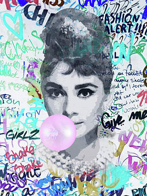 Actors Mixed Media - Audrey Hepburn with bubble gum colorful by Mihaela Pater