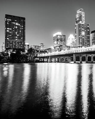 Skylines Photos - Austin Texas City Skyline Over The River - Black and White by Gregory Ballos