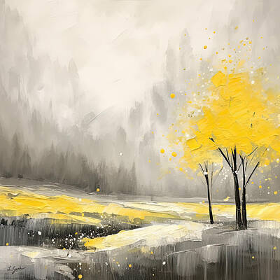 Royalty-Free and Rights-Managed Images - Yellow Tranquility - Hazy Autumn Watercolor Painting by Lourry Legarde