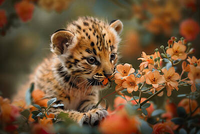 Lilies Digital Art - Baby Leopard Sniffing Spring Flowers by Lily Malor