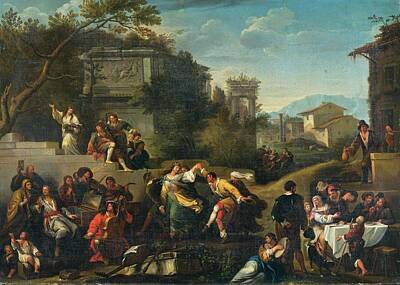 Music Paintings - Bamboccianti School, circa 1700 Musicians and dancing figures in an ideal landscape with ruins and b by Timeless Images Archive