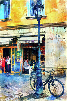 Cities Mixed Media - Barcelona street cafe and bike by Tatiana Travelways