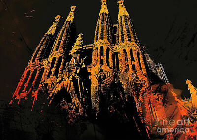 Landmarks Paintings - Barcelonas Sagrada Familia casting eerie shadows in the darkness night light by Cortez Schinner