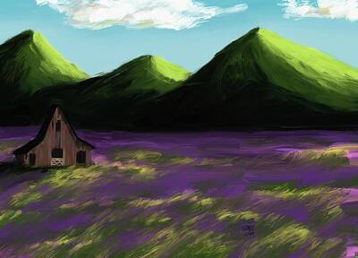 Eric Fan Whimsical Illustrations - Barn in a Purple Field by Taphath Foose