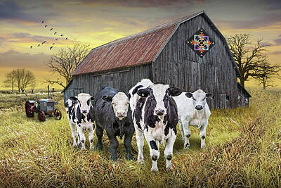 Randall Nyhof Royalty-Free and Rights-Managed Images - Barn Quilt with Cattle and Tractor at Sunset by Randall Nyhof