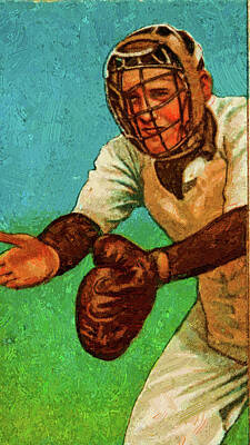 Sports Paintings - Baseball Game Cards of Polar Bear Fred Snodgrass Catching with Severe Miscut Oil Painting by Celestial Images