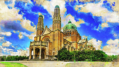 Landmarks Digital Art - Basilica of the Sacred Heart, Brussels - digital painting with vintage look by Nicko Prints