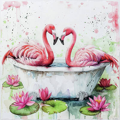Birds Paintings - Bathing Flamingos by Tina LeCour