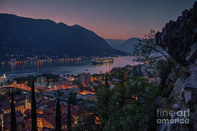 Skylines Royalty Free Images - Bay of Kotor at dusk Royalty-Free Image by Bratislav Braca Stefanovic