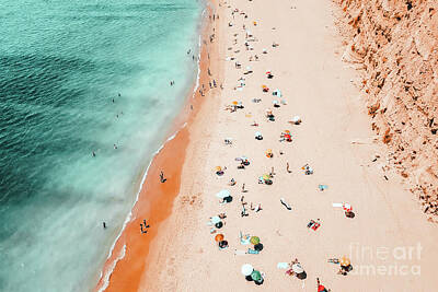 Beach Photos - Beach Art, Aerial Ocean Print, People And Umbrellas On Beach Print, Portugal Beach, Sea Print by Radu Bercan