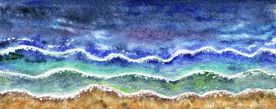 Impressionism Royalty-Free and Rights-Managed Images - Beach Art Long Meditative Waves Watercolor  by Irina Sztukowski