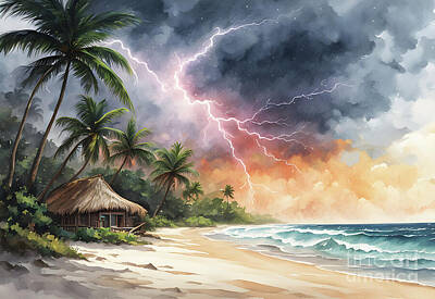 Beach Digital Art - Beach hut and palm trees by Sen Tinel