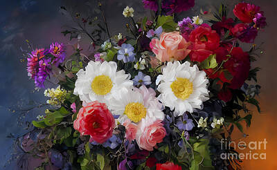 Roses Digital Art - Beautiful bouquet of fresh flowers, scarlet roses and white daisies by Viktor Birkus