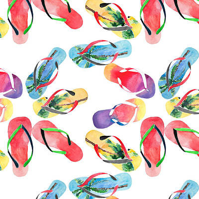 Beach Drawings - Beautiful bright comfort summer pattern of beach blue yellow flip flops with tropical palm design, red green flip flops, yellow orange pink red blue purple flip flops watercolor hand illustration by Julien