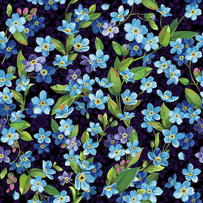 Recently Sold - Floral Drawings - Beautiful elegance forget me not seamless pattern by Julien