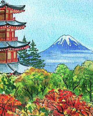 Mountain Paintings - Beautiful Fall Near Mountain Fuji Japanese Pagoda by Irina Sztukowski