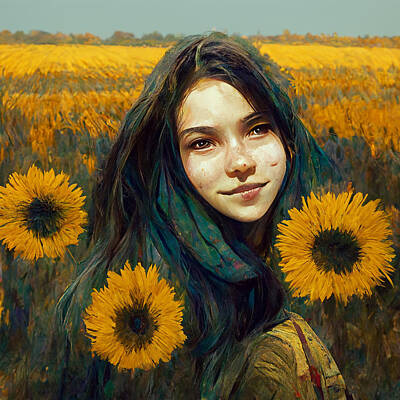 Sunflowers Paintings - Beautiful  Girl  In  Sunflower  Field  093889fe  F58a  8bfb  8c51  3ca5c3e65b05 by MotionAge Designs