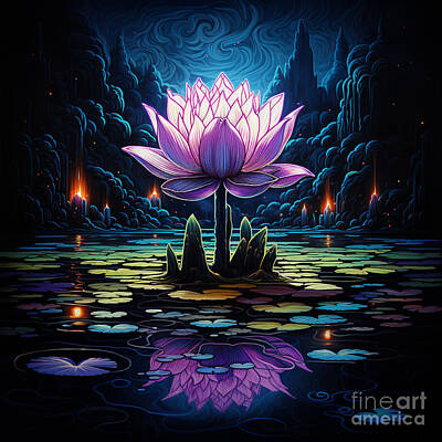 Lilies Digital Art - Beautiful Glowing Lilac Lotus Flower by Iyanuoluwa Akojiyan