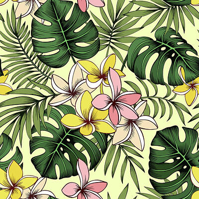 American Red Cross Posters - Beautiful plumeria flowers and tropical leaves seamless pattern by Julien