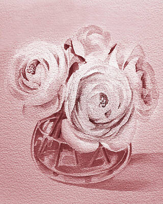 Still Life Paintings - Beautiful Ranunculus Flowers Bouquet In Glass Vase Soft Pink Watercolor by Irina Sztukowski