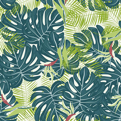 Beach Drawings - Beautiful tropical seamless pattern with flowers and leaves. Flowers of the jungle. Summer background with tropical leaves and flowers by Julien