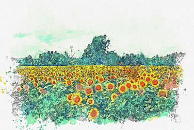 Sunflowers Digital Art - Bed of Sunflower Field, watercolor, ca 2020 by Ahmet Asar by Celestial Images